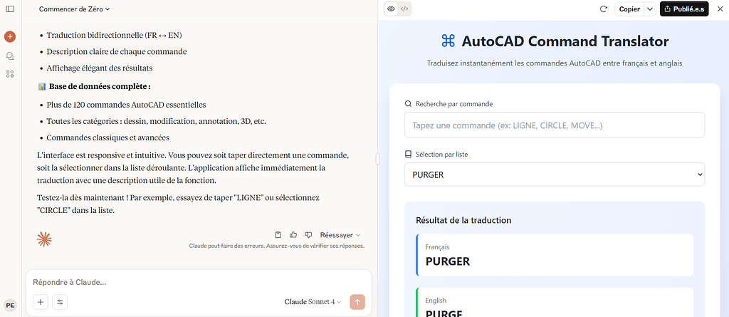 Exemple d'artefact Claude: traduire les commandes AutoCAD en anglais ...