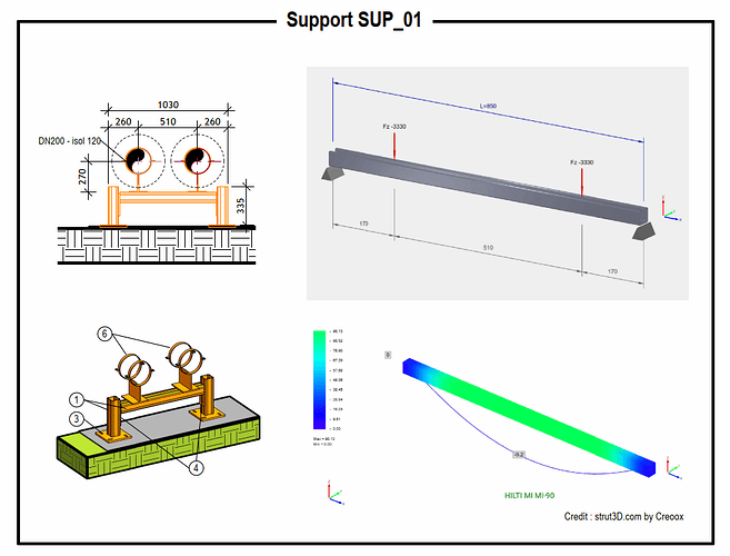 Détail de support avec ses dimensions et son bilan de charge